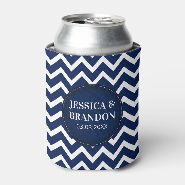 Monogrammed White & Blue Geometric Zigzag Chevron Can Cooler (Can Front)