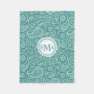 Monogrammed White & Blue-Green Retro Paisley Fleece Blanket