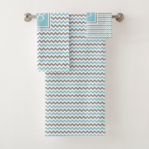 Monogrammed White Blue Grey Chevron Bath Towel Set