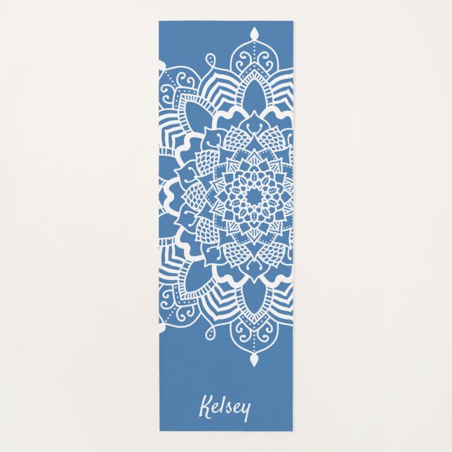Monogrammed White & Blue Mandala Pattern Yoga Mat (Front)