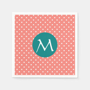 Monogrammed White, Coral Pink and Teal Polka Dot Napkin
