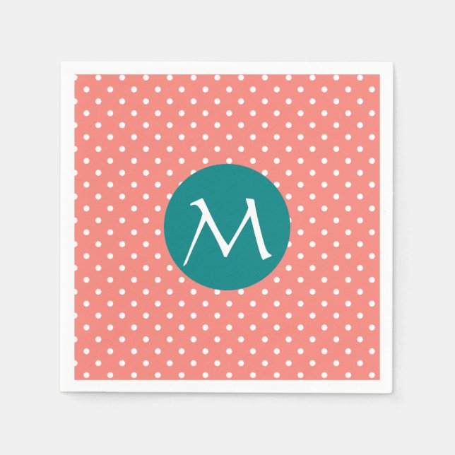 Monogrammed White, Coral Pink and Teal Polka Dot Napkin (Front)