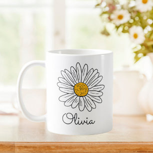 Monogrammed White Daisy Floral Doodle Kids Mug