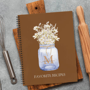 Monogrammed White Daisy Flower in Mason Jar Recipe Notebook