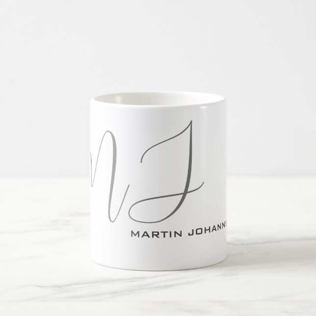 Monogrammed White Grey Personal Custom Modern Coffee Mug (Center)