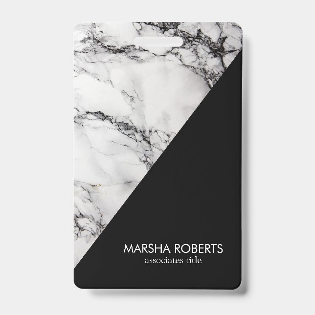 Monogrammed White Marble And Black Grain ID Badge (Front)