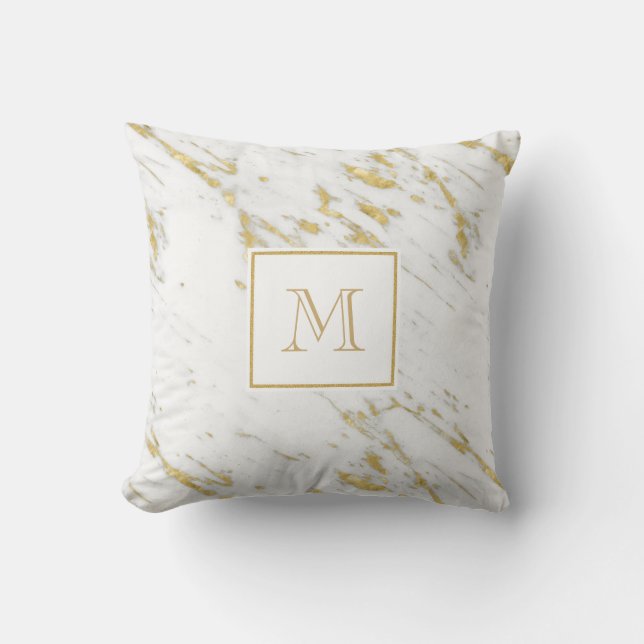 Monogrammed White Marble Stone With Gold Glitter Cushion (Front)