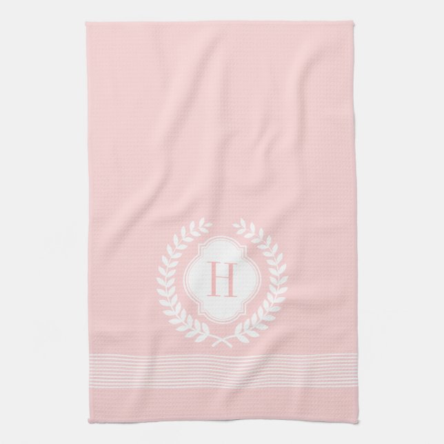 Monogrammed White & Pink Wreath And Stripes Tea Towel (Vertical)