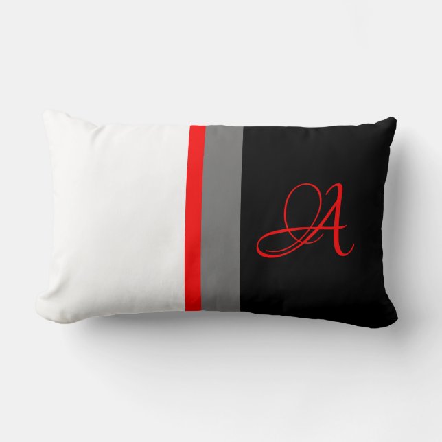 Monogrammed White Red Grey, Black Striped Lumbar Cushion (Front)