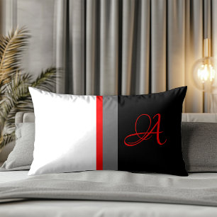 Monogrammed White Red Grey, Black Striped Lumbar Cushion