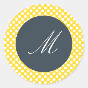 Monogrammed White,  Yellow and Charcoal Polka Dot Classic Round Sticker