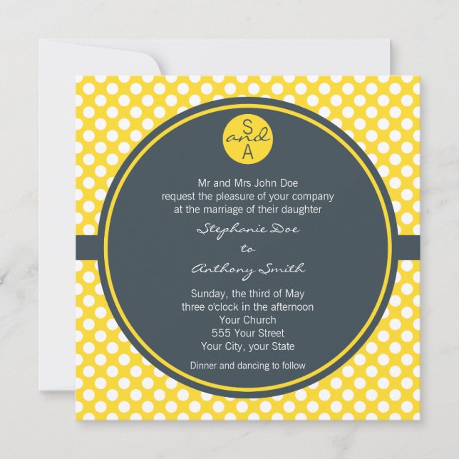 Monogrammed White, Yellow and Charcoal Polka Dot Invitation (Front)
