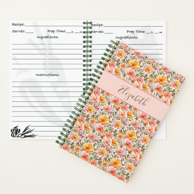 Monogrammed Wildflowers Pink Yellow Orange Recipe Notebook (Inside)