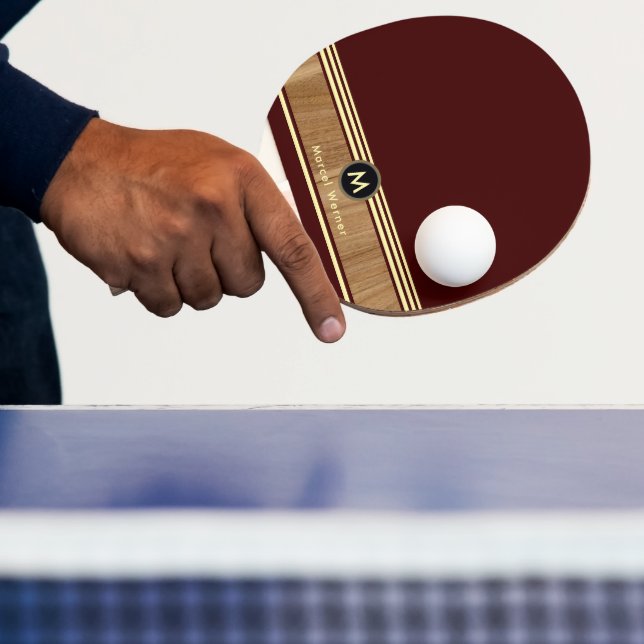 Monogrammed Wood Colour Stripes Maroon Ping Pong Paddle (Insitu)