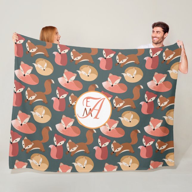 Monogrammed Woodland Fox Fall Colours Autumn Fleece Blanket (In Situ)