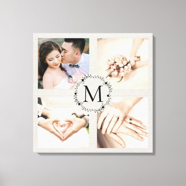 Monogrammed wreath collage with 4 photos canvas print (Front)
