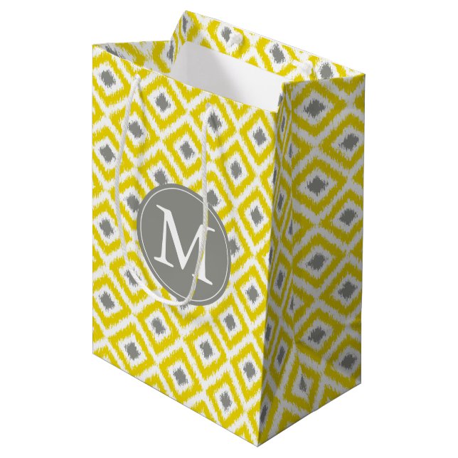 Monogrammed Yellow and Grey Diamonds Ikat Pattern Medium Gift Bag (Front Angled)