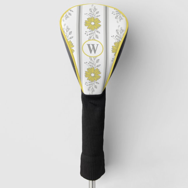 Monogrammed Yellow and Grey Floral  Golf Head Cover (Front)