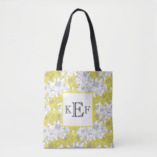 Monogrammed Yellow and Grey White Floral Tote Bag