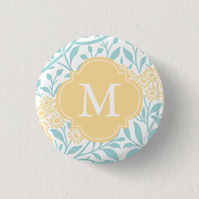 Monogrammed Yellow Aqua Floral Damask Pattern 3 Cm Round Badge (Front)