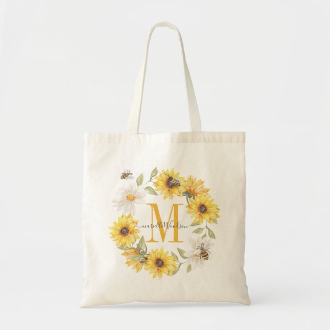 Monogrammed Yellow Gold Watercolor Sunflowers Tote Bag (Front)