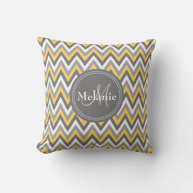Monogrammed Yellow & Grey Chevron Pattern Cushion (Front)