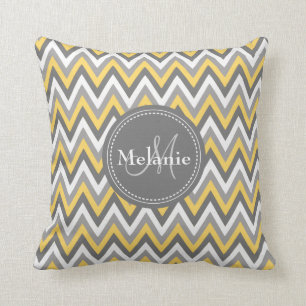 Monogrammed Yellow & Grey Chevron Pattern Cushion