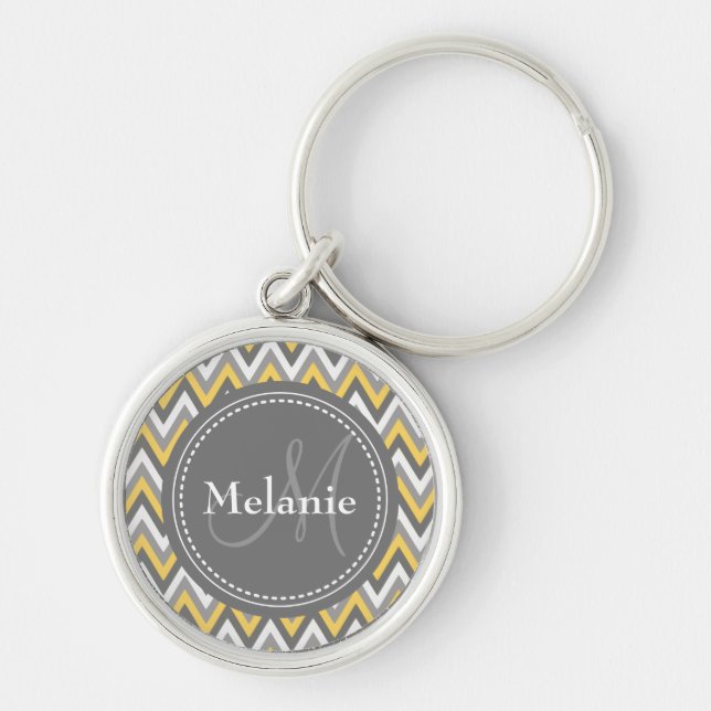 Monogrammed Yellow & Grey Chevron Pattern Key Ring (Front)