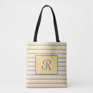 Monogrammed Yellow Grey Chevron Script Font Tote Bag