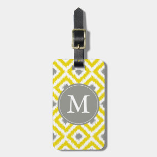 Monogrammed Yellow Grey Diamonds Ikat Pattern Luggage Tag
