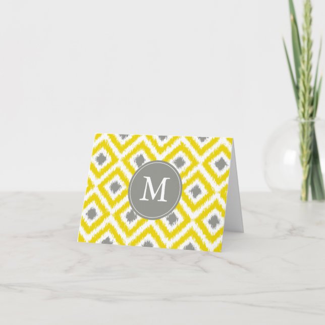 Monogrammed Yellow Grey Diamonds Ikat Pattern Note Card (Front)