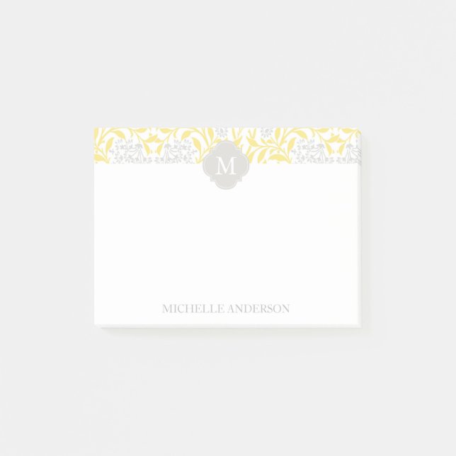 Monogrammed Yellow Grey Floral Damask Post-it Notes (Front)