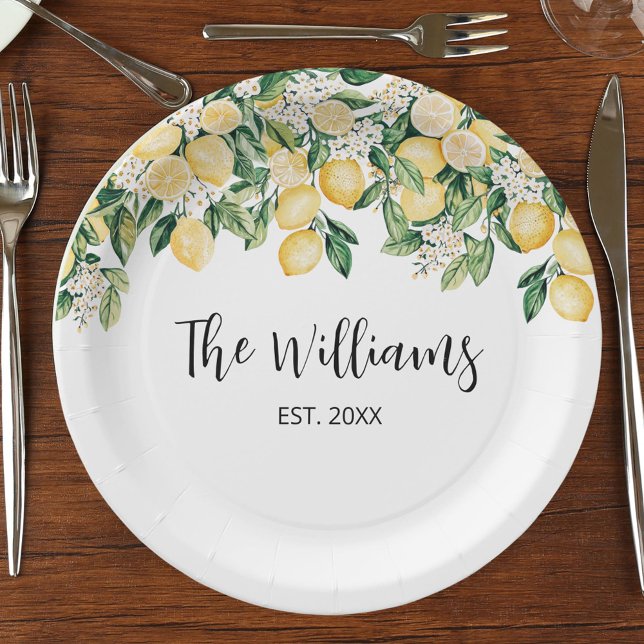 Monogrammed Yellow Lemon Tree Paper Plate (In situ)