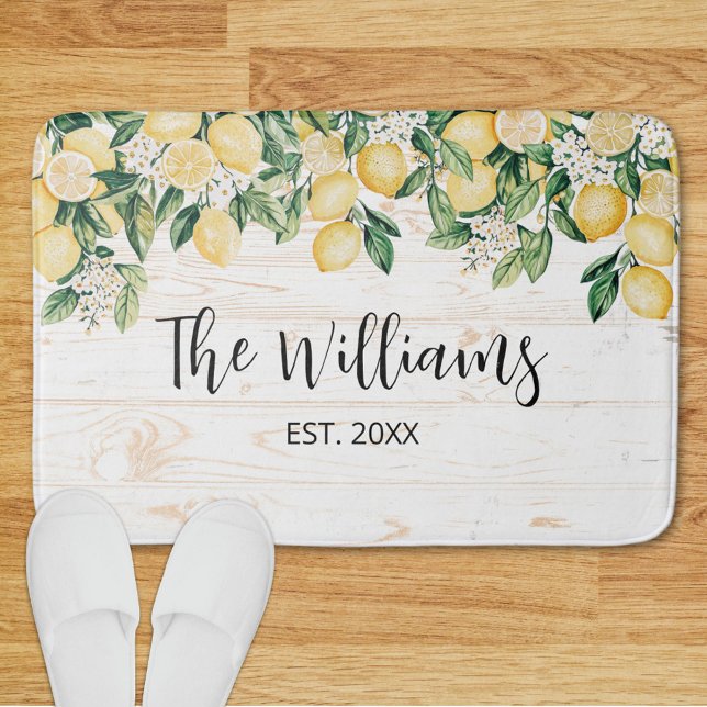 Monogrammed Yellow Lemon Tree White Wood Bath Mat (In situ)