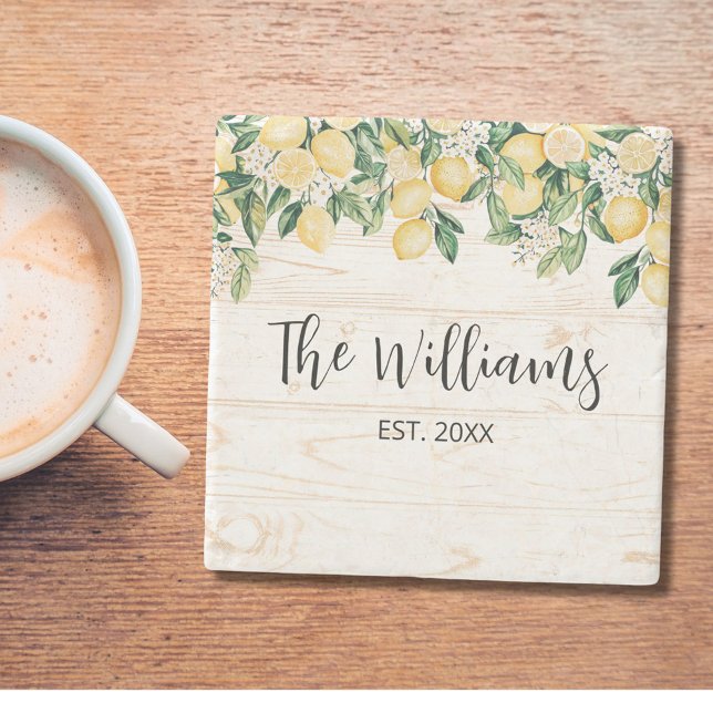 Monogrammed Yellow Lemon Tree White Wood Stone Coaster (In situ)