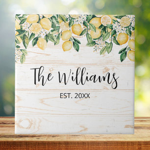 Monogrammed Yellow Lemon Tree White Wood Tile