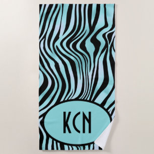 Monogrammed Zebra Print Black and Teal Turquoise Beach Towel