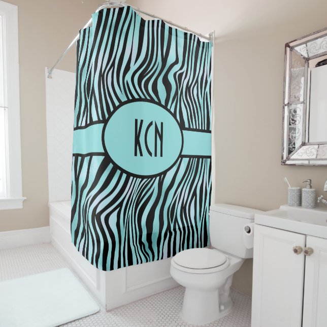 Monogrammed Zebra Print Black and Teal Turquoise Shower Curtain (In Situ)