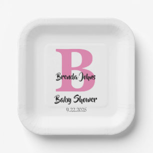 Monograms Baby Shower Pink White Cute Simple Paper Plate