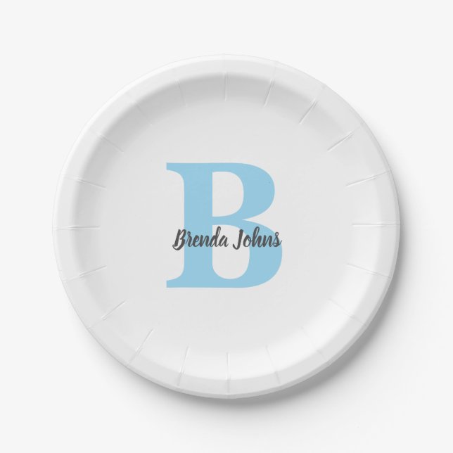 Monograms Blue Baby Showers Bridal Shower Birthday Paper Plate (Front)