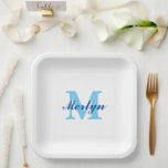 Monograms Blue Birthdays Baby Showers Elegant Paper Plate<br><div class="desc">Designed with text templates for monogrammed initial & name which you can customise! Great for baby showers,  birthdays,  bridal showers and more!</div>