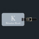 Monograms Dusty Blue Adventure Awaits Gift Favour Luggage Tag<br><div class="desc">Monogrammed initial s with custom text "Adventure Awaits" and also personal details like name,  address,  phone number and email all of which you can edit. Designed with popular dusty blue background,  you can change the colour if you wish.</div>