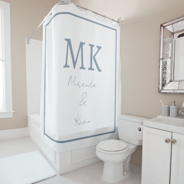 Monograms Dusty Blue White Modern Minimal Trendy Shower Curtain (In Situ)