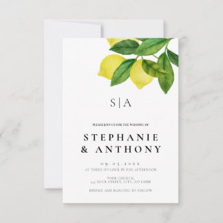 Monograms Lemon Branch Greenery Wedding Invitation