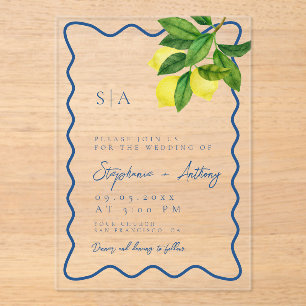 Monograms Lemon Citrus, Blue Wave Border Wedding   Acrylic Invitations
