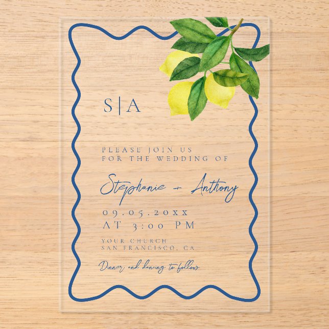 Monograms Lemon Citrus, Blue Wave Border Wedding   Acrylic Invitations (Front)