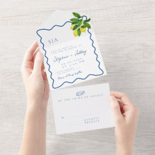 Monograms Lemon Citrus, Blue Wave Border Wedding All In One Invitation