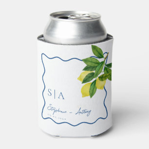 Monograms Lemon Citrus, Blue Wave Border Wedding Can Cooler