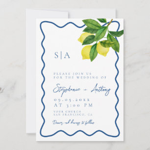 Monograms Lemon Citrus, Blue Wave Border Wedding Invitation