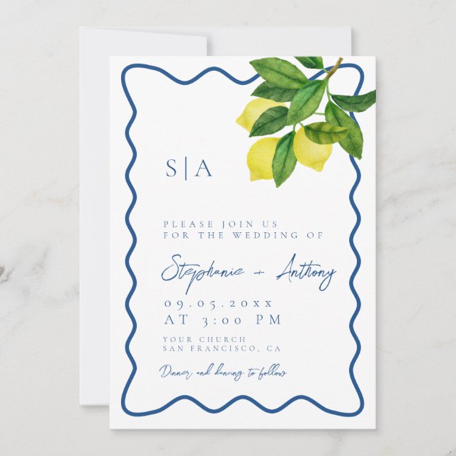 Monograms Lemon Citrus, Blue Wave Border Wedding   Invitation (Front)